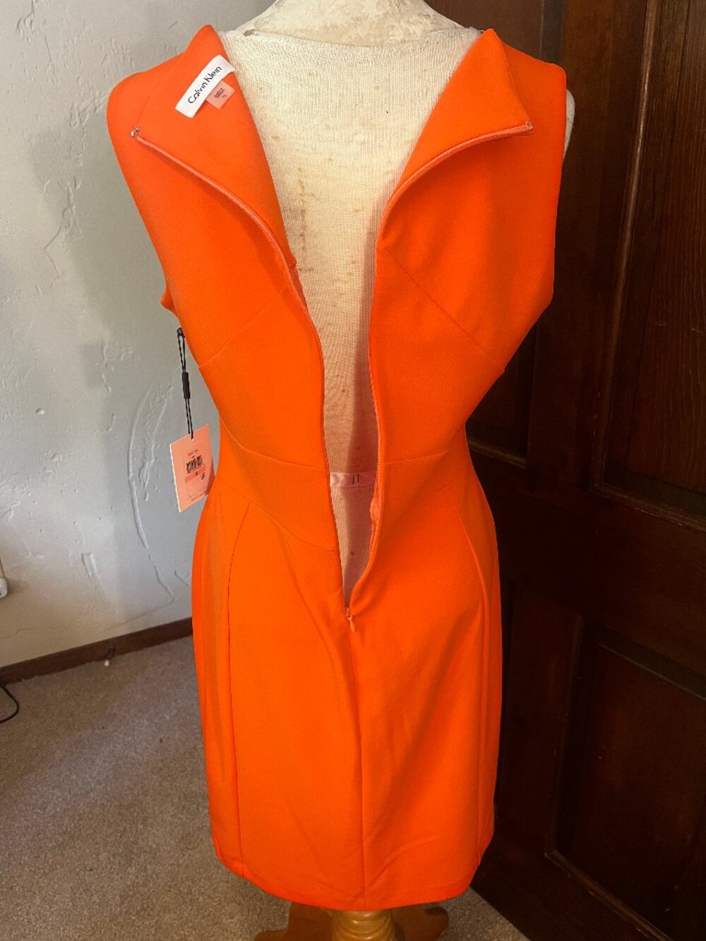 NWT Calvin Klein Orange Ruched Pleated Sheath Dress Size 10 - Picture 10 of 14